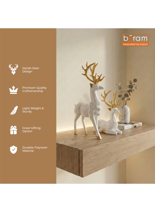 بيرام تمثال غزال عيد الميلاد بتصميم هندسي عصري باللون الأبيض مع تاج ذهبي، بحجمين كبير وصغير – ديكور غزال أنيق مصنوع من الراتنج الأبيض مع قرون ذهبية – قطعة فاخرة لتزيين المنزل في موسم الأعياد - Image 4